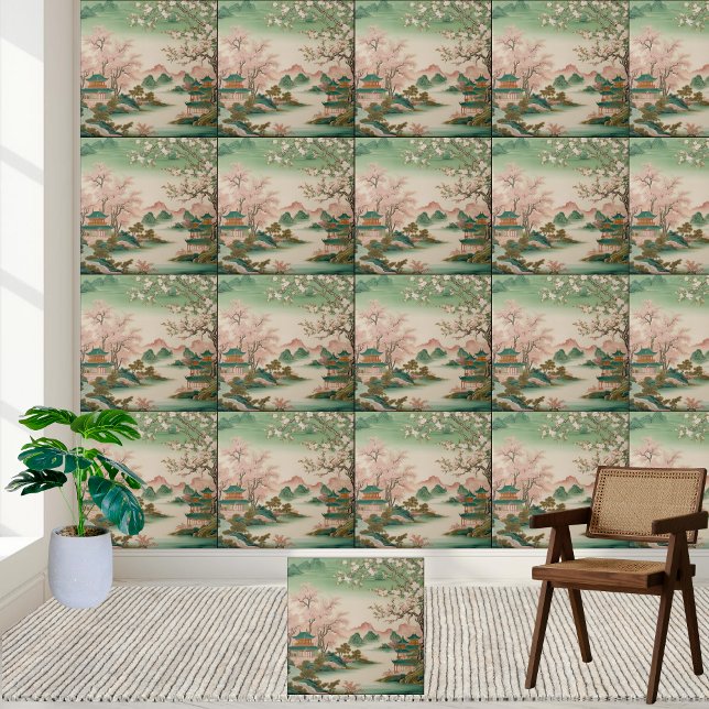 Jardim de Chinoiserie inspirado na Ásia (Asian Inspired Scenic Landscape Chinoiserie Garden Ceramic Tile)