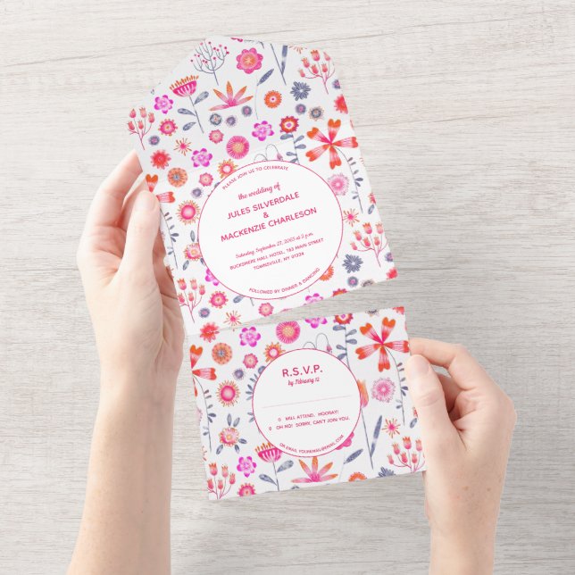 Jardim de Flores Rosa Moderno Casamento Boho (Aba destacável)
