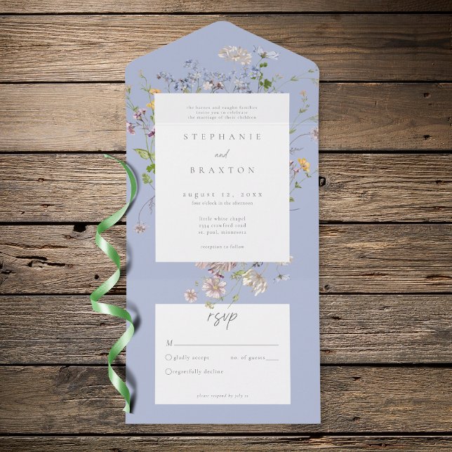 Jardim Elegante de Flores Silvestres Azuis para Ca (Blue Wildflower Garden Elegant Wedding All In One Invitation)