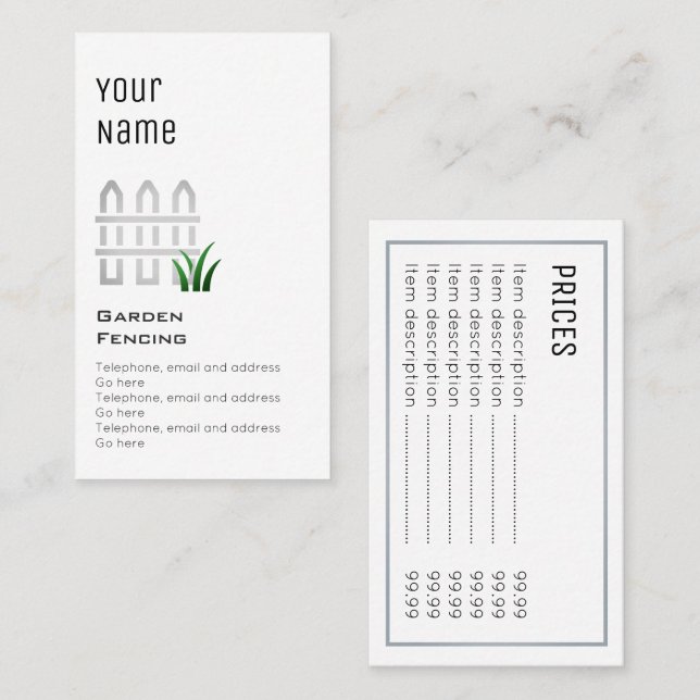 Jardim "essencial" que cerca cartões de preço (Frente/Verso)