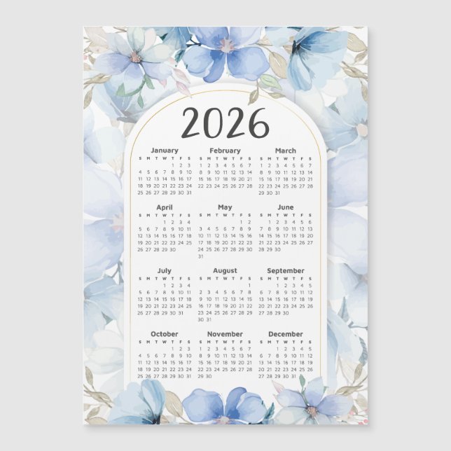 Jardim Floral Azul Elegante Calendário 2026 (Frente)