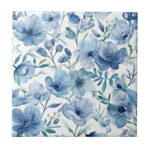 Jardim Floral Botânico Azul em Aquarela