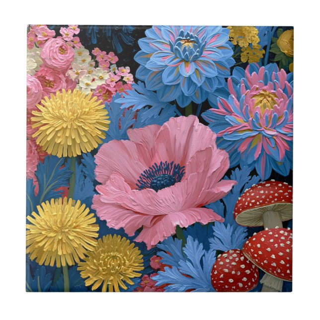 Jardim Floral de Cogumelos em Rosa e Azul (Frente)