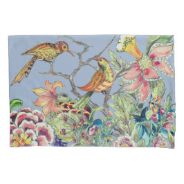 Jardim Floral Oriental com Aves Chinoiserie Azul