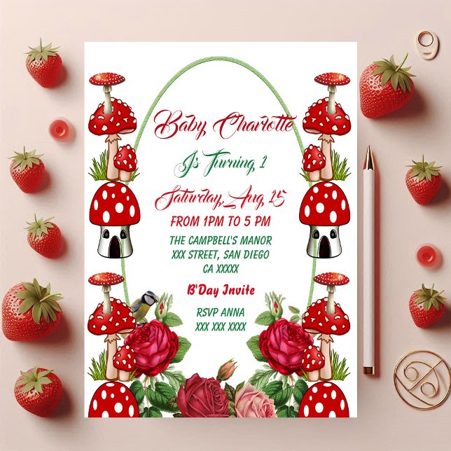 Jardim Toadstool Rosas Rústicos primeiro aniversar (Garden Toadstool Rustic Roses Baby's 1st Birthday Card)