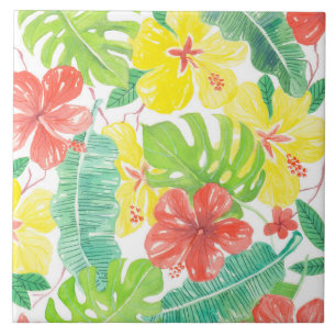 Jardim tropical, hibiscus plumeria e palmeiras