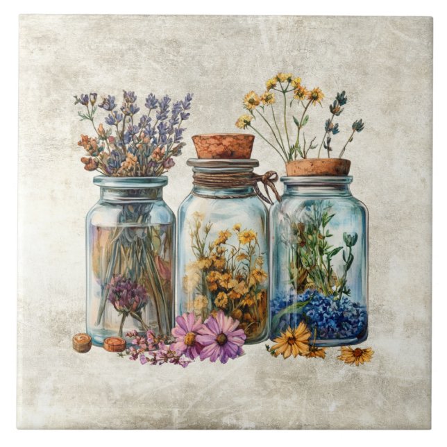 Jarras Rústicas de Aquarela com Ervas Flores (Frente)