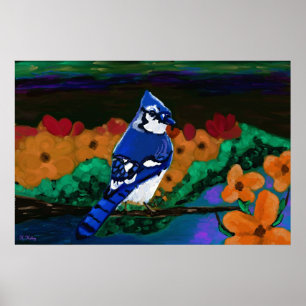 Jay azul no impressão alaranjado das flores