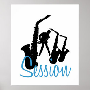Jazzman Black Silhouette Jazz Session White Poster