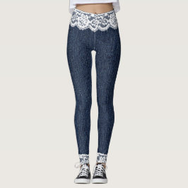 Jeans azuis falsos Leggings brancas de rendas