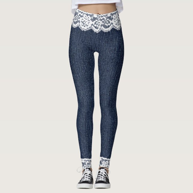 Jeans azuis falsos Leggings brancas de rendas
