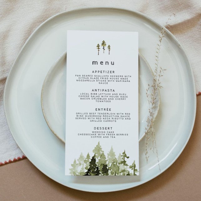 JENNA Rustic Watercolor Pine Tree Menu (Criador carregado)