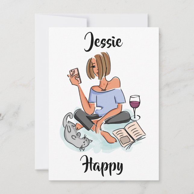 Jessie Feliz com Celular, Vinho e Cartão de Gato (Frente)