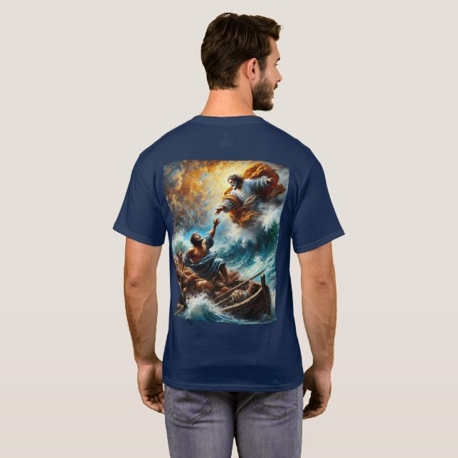 Jesus acalma a tempestade - camiseta inspirada na  (Parte Traseira Completa)