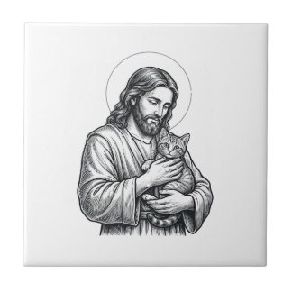 Jesus Antigo Segurando Gato Gravura Gráfico_1