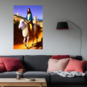 Jesus cavalgando uma ovelha   AI Art Poster