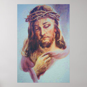 Jesus com os braços levantados na poster do peito