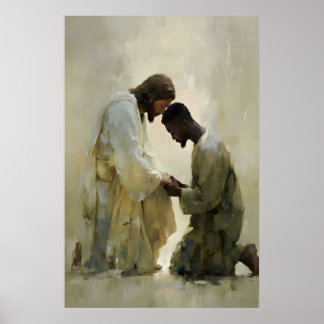Jesus e Homem Negro Orando Impressão Cristã Modern