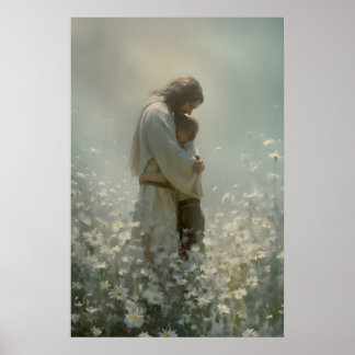 Jesus e Menino em Campo de Flores Impressão Cristã