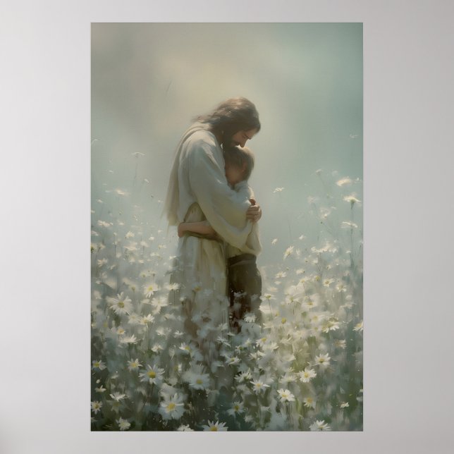 Jesus e Menino em Campo de Flores Impressão Cristã (Frente)