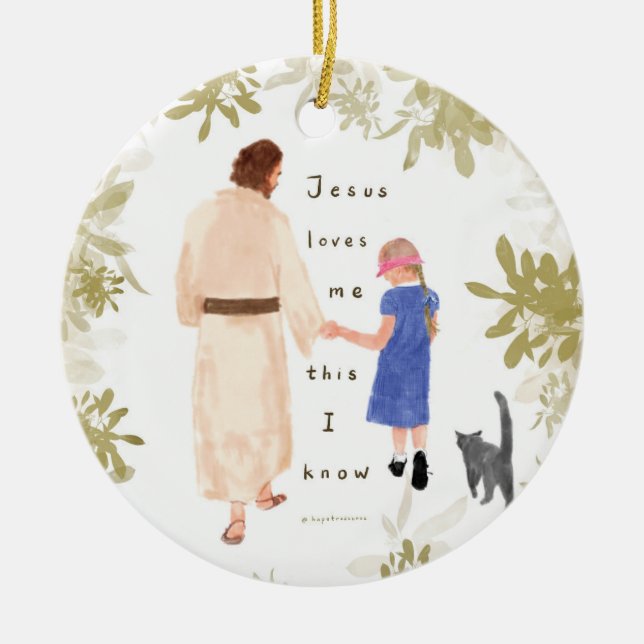 Jesus me ama pelo ornamento cerâmico de Natal (Frente)