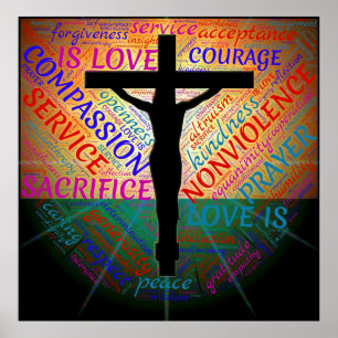 Jesus na cruz, não violência, poster da aceitaç