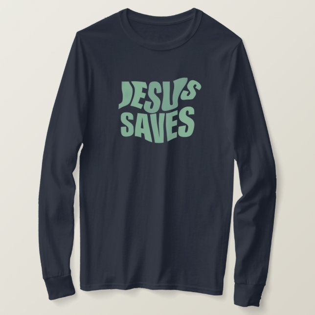 Jesus Salva |Impressão azul| Camiseta de manga lon (Frente do Design)