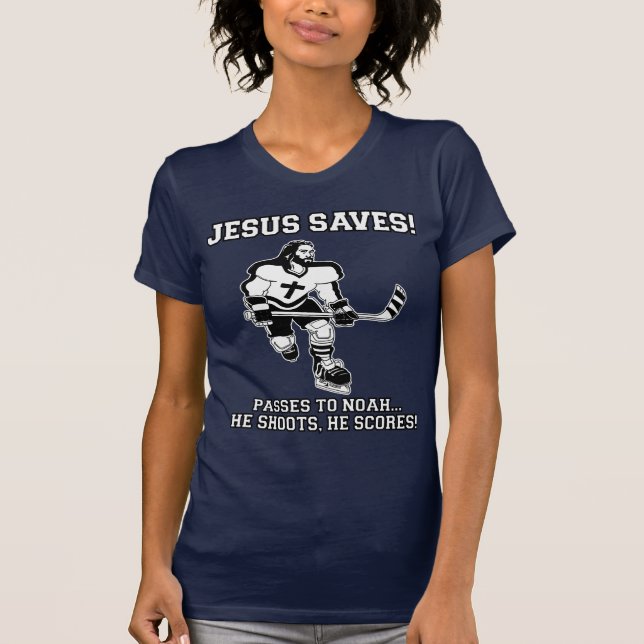 Jesus salvar a camiseta engraçada do hóquei (Frente)