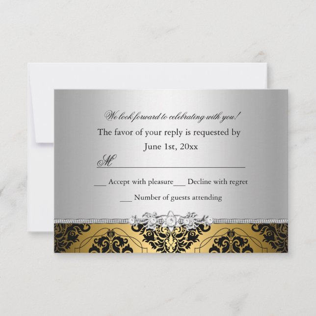 Jewel Damask Dourado & Silver RSVP (Frente)