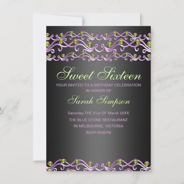 Jewel Swirl Rosa/Verde Doce 16 Aniversário Convite (Frente)