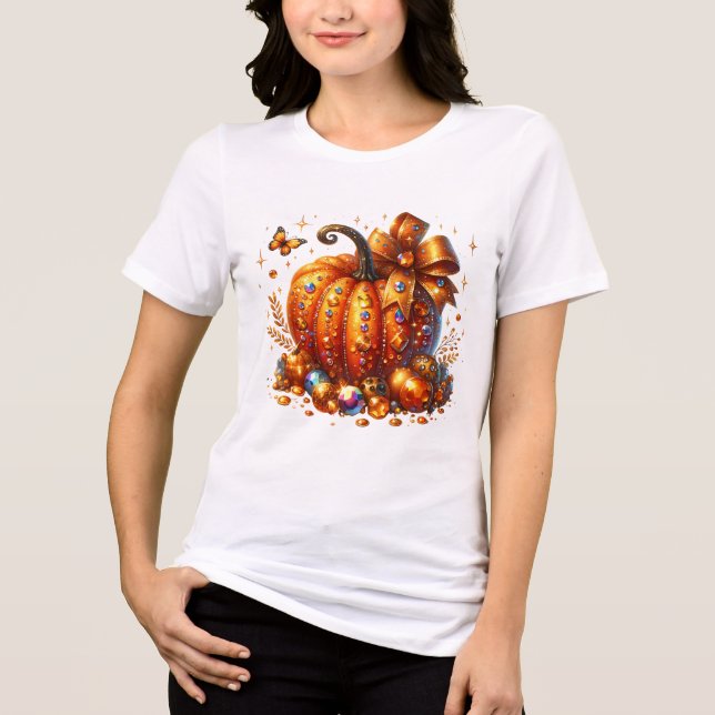 Jeweled Pumpkin With Gems and Bow Art T-Shirt (Frente)