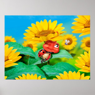 Joaninha sonolento e girassóis da arte do poster