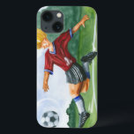 Jogador de futebol batendo uma bola por Jay Throck<br><div class="desc">Uma bola de futebol pendura no ar,  esperando o chute vicioso que o jogador está acabando para entregar. Ele pode dobrar como Beckham? Uma peça adorável para pendurar na parede ou dar como presente para o aficionado de futebol na sua vida!</div>