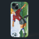 Jogador de futebol picando uma bola por Jay Throck<br><div class="desc">Uma bola de futebol pendura no ar,  esperando pelo chute vicioso que o jogador está acabando para entregar. Ele pode dobrá-lo como Beckham? Uma bela peça para pendurar na parede ou dar como presente para o aficionado de futebol na sua vida!</div>