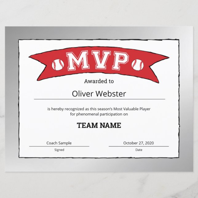 Jogador MVP - Certificados MVP Certificado de Beis (Frente)