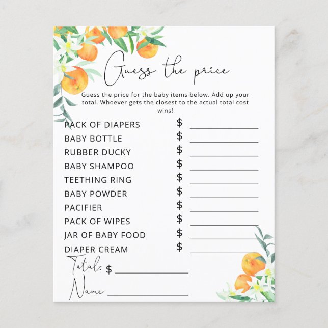 Jogo Adivinhado de Preço Laranja Aquarela (Frente)