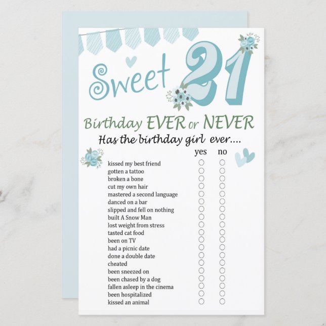 Jogo aniversário de 21 anos ou Nunca (Frente/Verso)