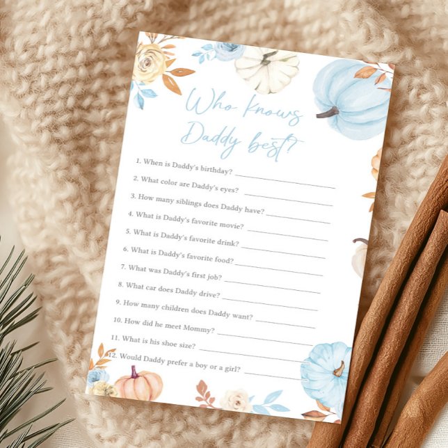 Jogo Azul Pequena Abóbora de Outono Quem Conhece M (Boy Little Pumpkin Fall Baby Shower Who Knows Daddy Best Game)
