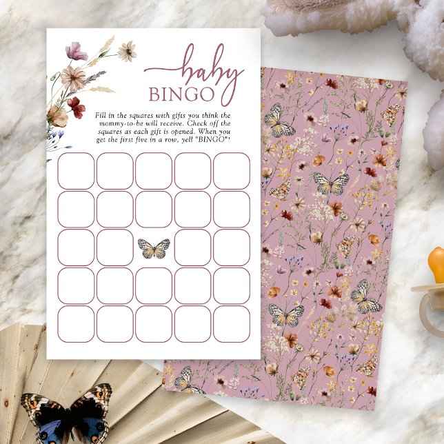 Jogo Bebê Boho Rosa (Dusty Pink Boho Baby Bingo Game Card with Butterfly by Painted Paperie
)