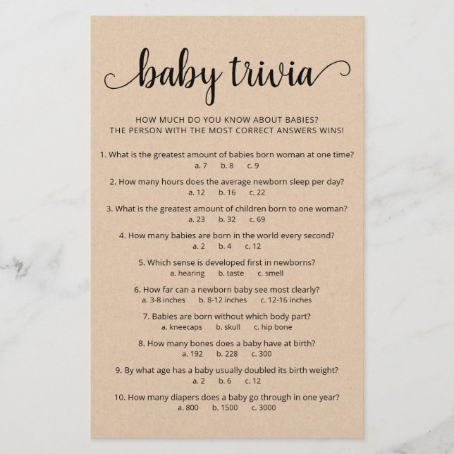 Jogo Bebê Trivia com Chá de fraldas de Respostas (Frente)