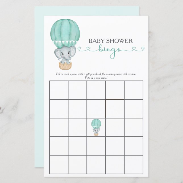 Jogo Bingo do Chá de fraldas Elefante Verde (Frente/Verso)