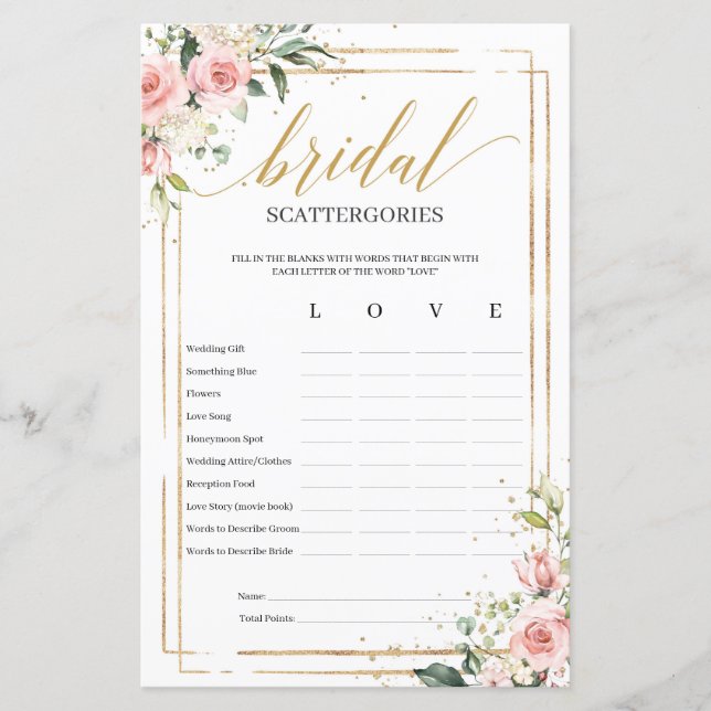 Jogo Bohemian blush floral Bridal Scattergories (Frente)