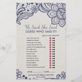 Jogo Burlap e Marinho Lace "Ele Disse Que Ela Diss