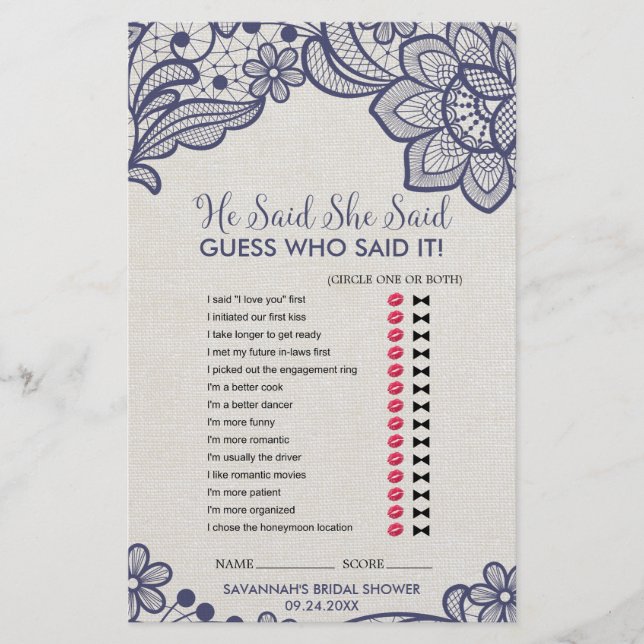 Jogo Burlap e Marinho Lace "Ele Disse Que Ela Diss (Frente)