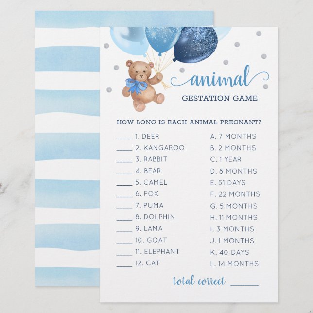 Jogo da Gestação do Animal Ursinho de Pelúcia Chá  (Frente/Verso)