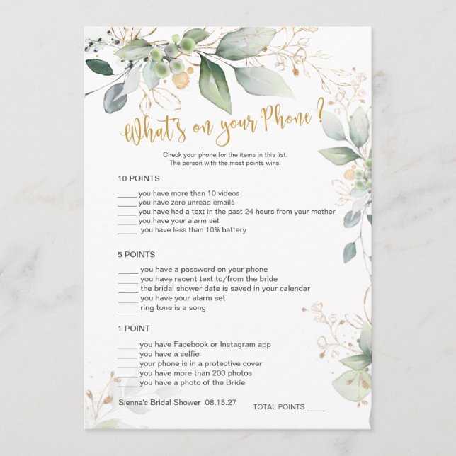 Jogo da Greenery Bridal O que há no seu cartão tel (Frente)