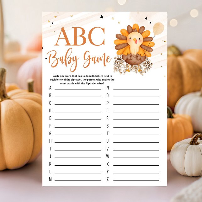 Jogo de Ação de Graças do Chá de fraldas da Pequen (Little Turkey baby shower Thanksgiving game with turkey artwork, warm autumn colors, and playful har)