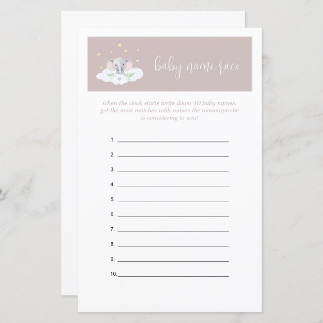 Jogo de adivinhação do Chá de fraldas de elefante  (Frente/Verso)