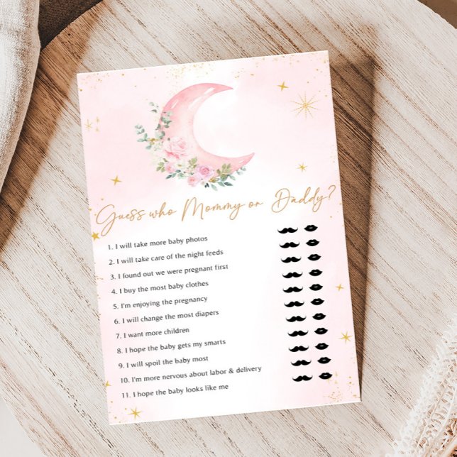Jogo de Adivinhação para Chás de Bebê Lua Rosa e E (Floral Monn and Stars Baby Shower Game)