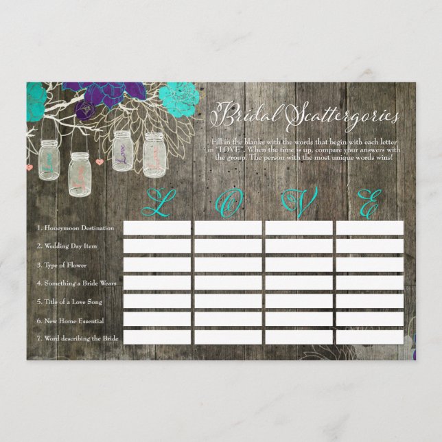 Jogo de Amor Scattergories para Chá de Noiva Rústi (Frente)